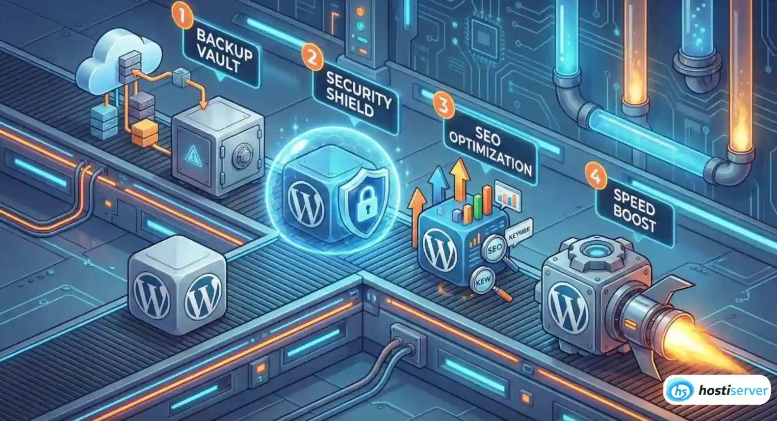3D infografika správného postupu instalace pluginů pro WordPress