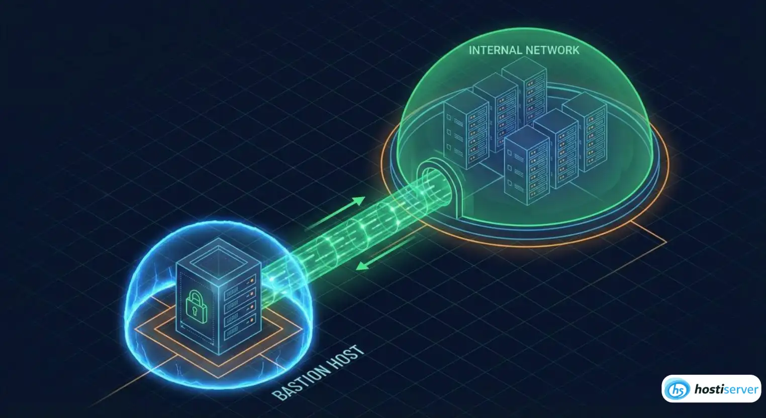 3D diagram architektury Jump Host: zabezpečený přístup k interní síti přes bránu