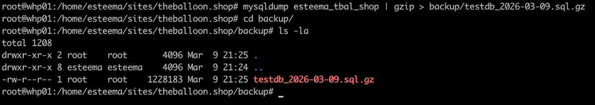 Terminál s prováděním příkazu mysqldump pro vytvoření zálohy MySQL databáze