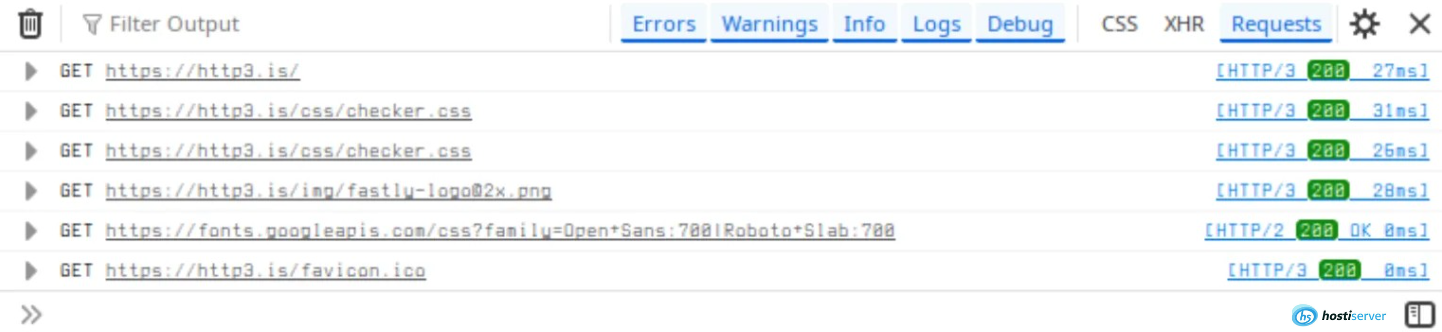 HTTP/3 požadavky v DevTools prohlížeče s response kódy 200 a časy zpracování