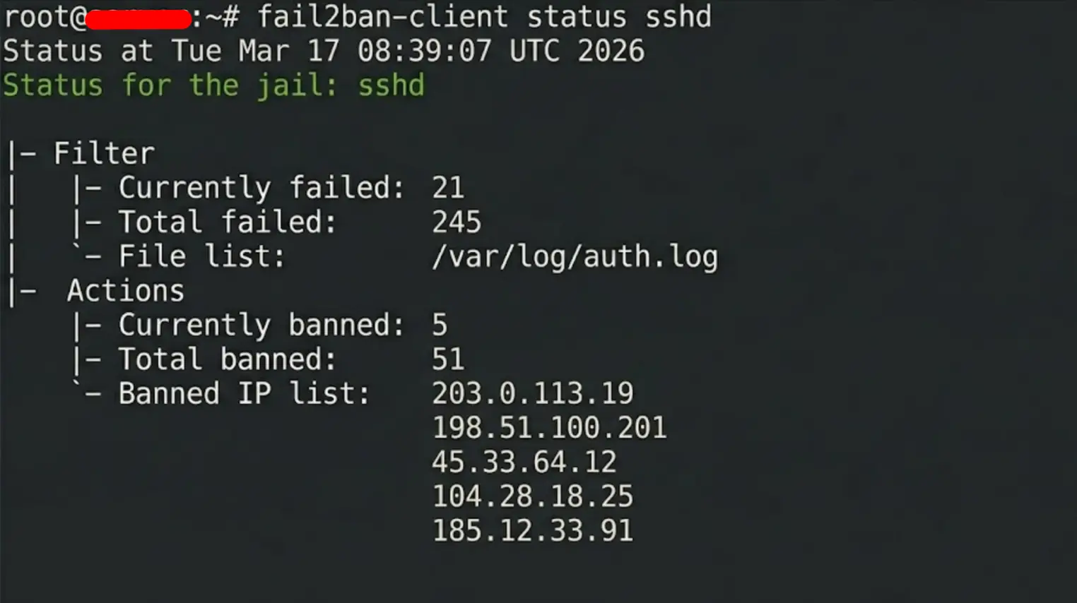 Výstup příkazu fail2ban-client status sshd se seznamem zabanovaných IP adres útočníků