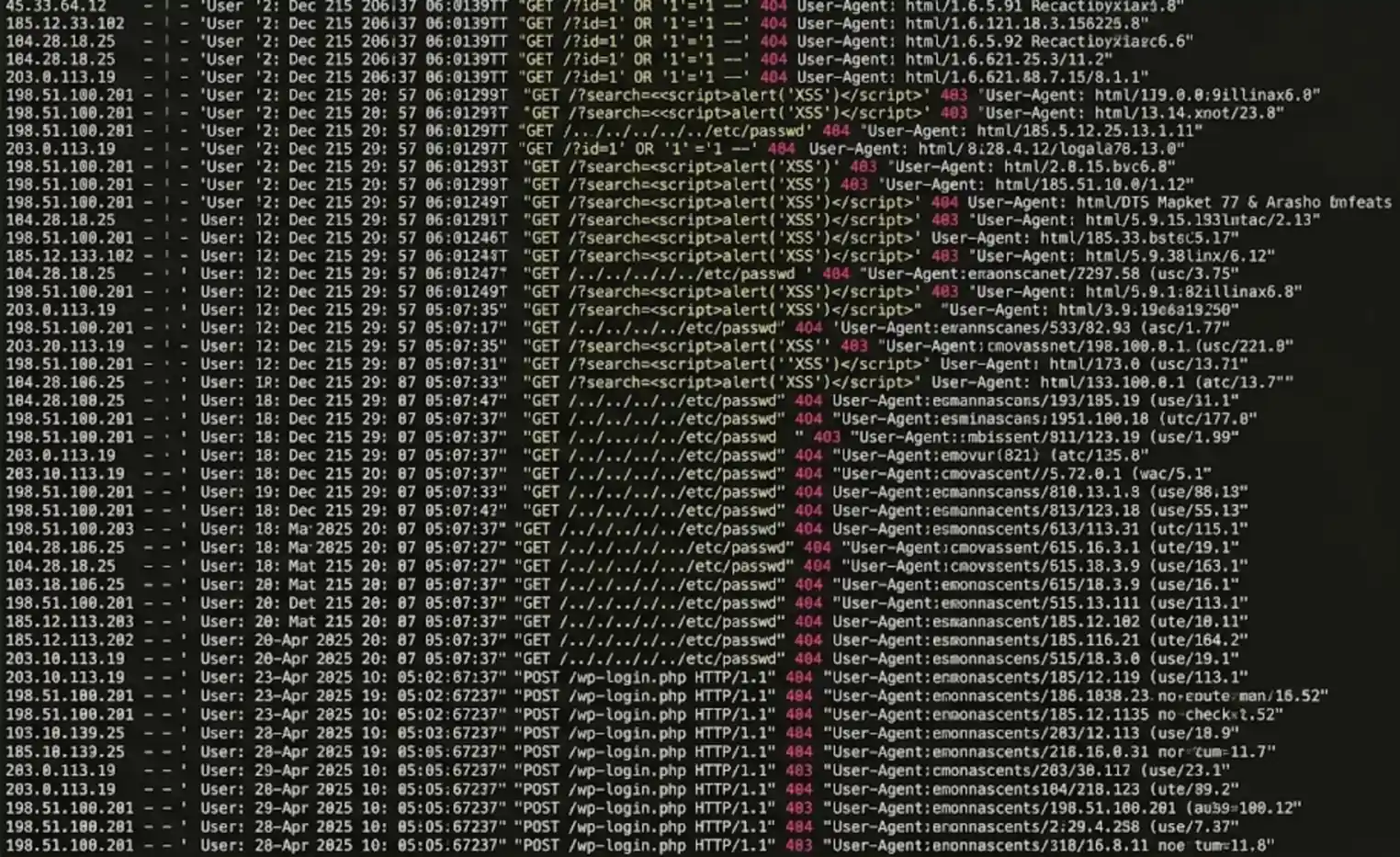 Fragment nginx access.log s typickými pokusy o útoky: požadavky na wp-admin, .env, phpmyadmin