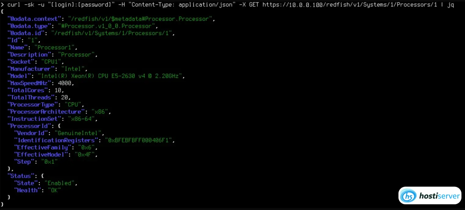 JSON odpověď Redfish API na GET /redfish/v1/Systems/1: model, sériové číslo, stav napájení, počet CPU a RAM