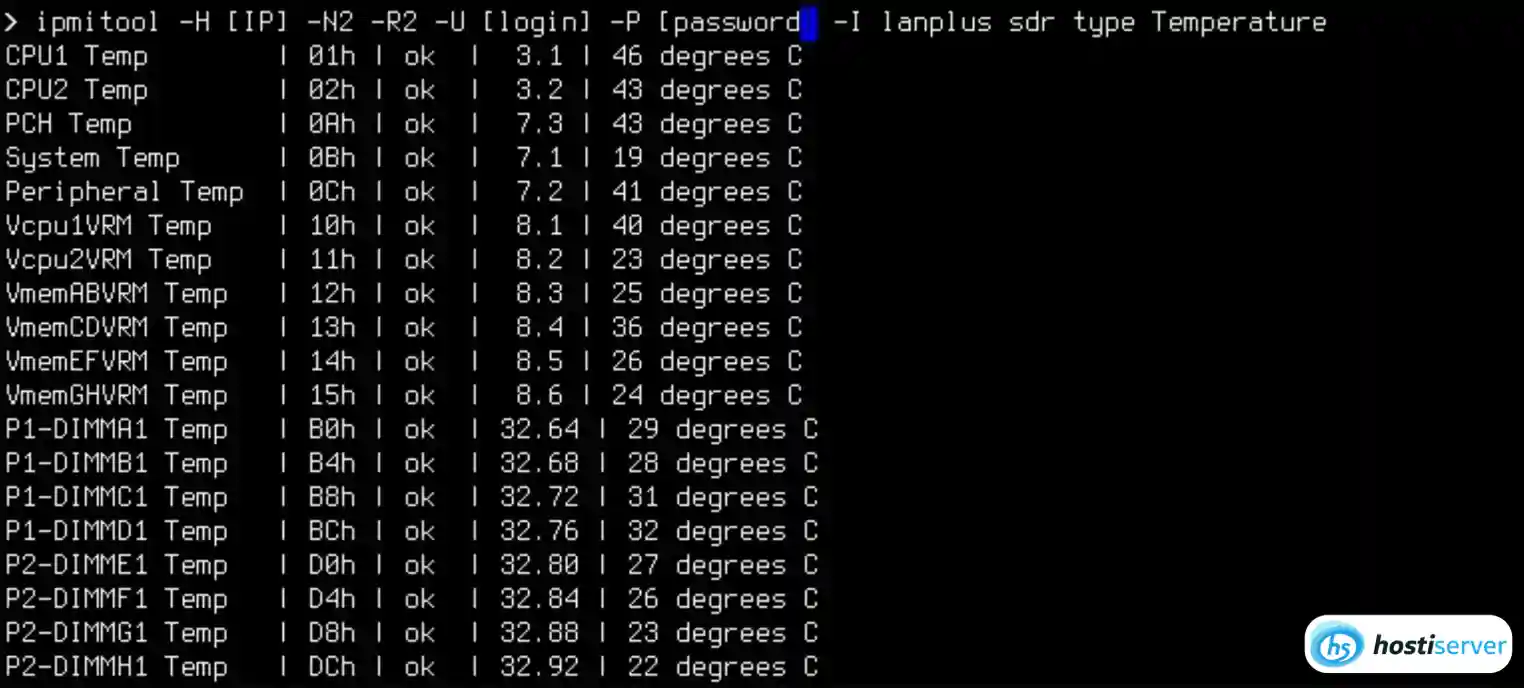Výstup příkazu ipmitool sensor list: teploty, otáčky ventilátorů, stav PSU s aktuálními hodnotami a prahy